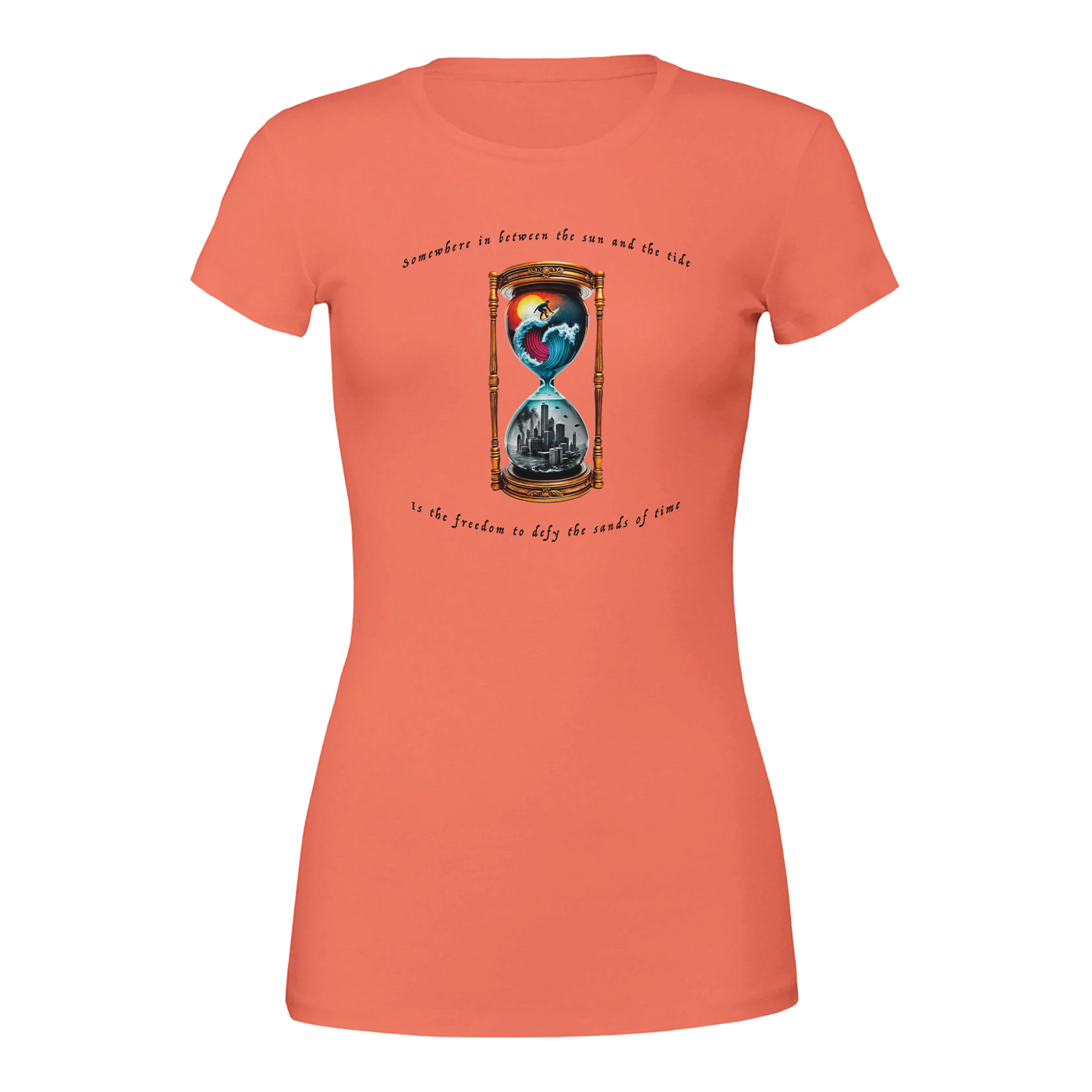 Time Surfer  Premium Womens Crewneck Graphic Tee Coral